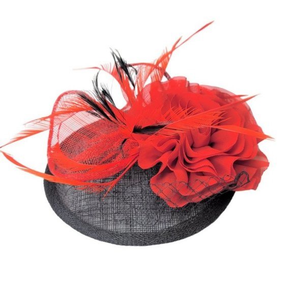 Red and Black Fascinator on Oval Base Sinamay Floral Accent with Feathers - Picture 16 of 16